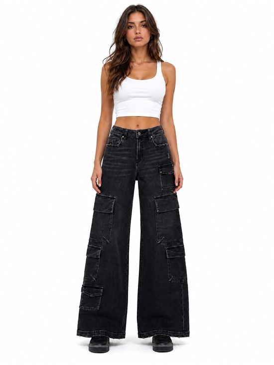 Hidden Jeans Denim - Hidden Nori High Rise Super Wide Leg Cargo Jeans Dark Wash Denim Statement Pants